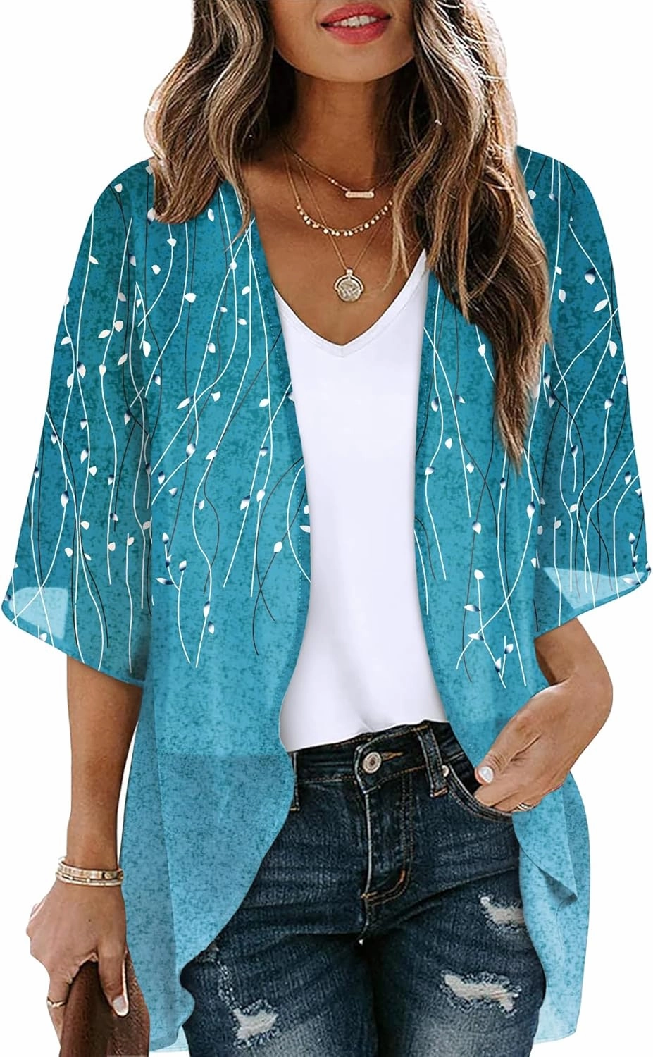 OFEEFAN Beach Cover Ups for Women 3/4 Length Sleeve Womens Tops Summer Cardigan Casual Blouses Loose Fit