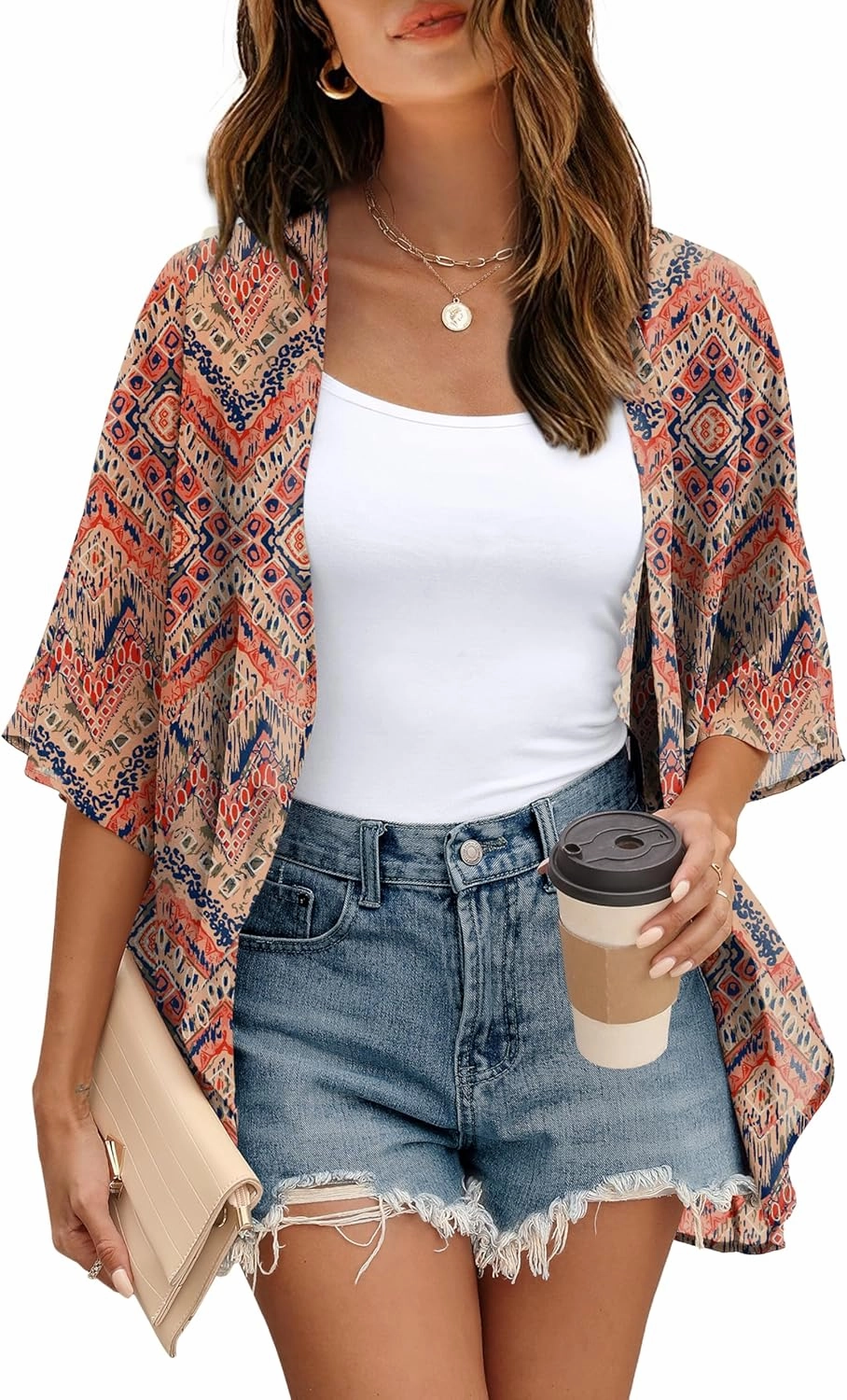 OFEEFAN Beach Cover Ups for Women 3/4 Length Sleeve Womens Tops Summer Cardigan Casual Blouses Loose Fit