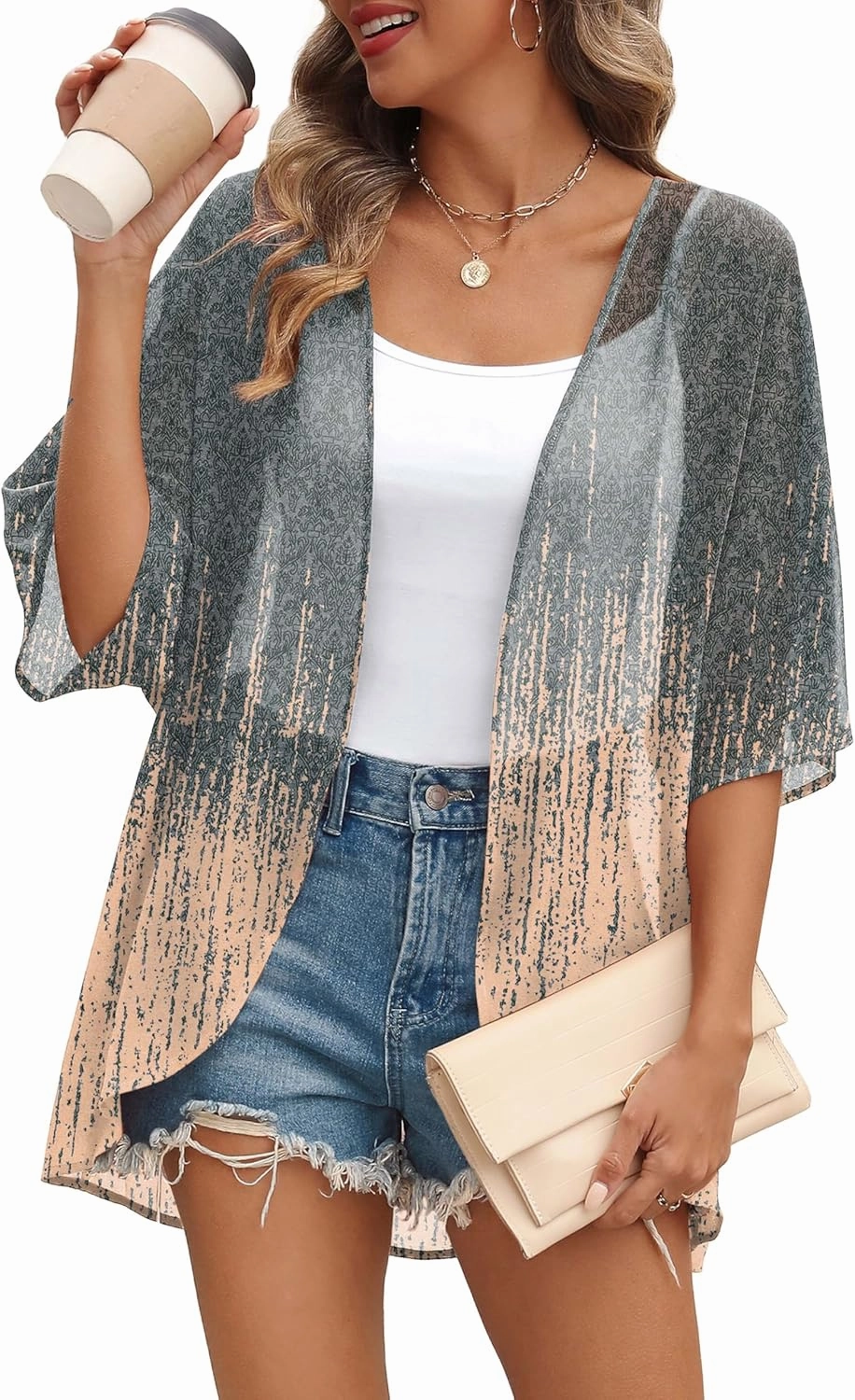 OFEEFAN Beach Cover Ups for Women 3/4 Length Sleeve Womens Tops Summer Cardigan Casual Blouses Loose Fit