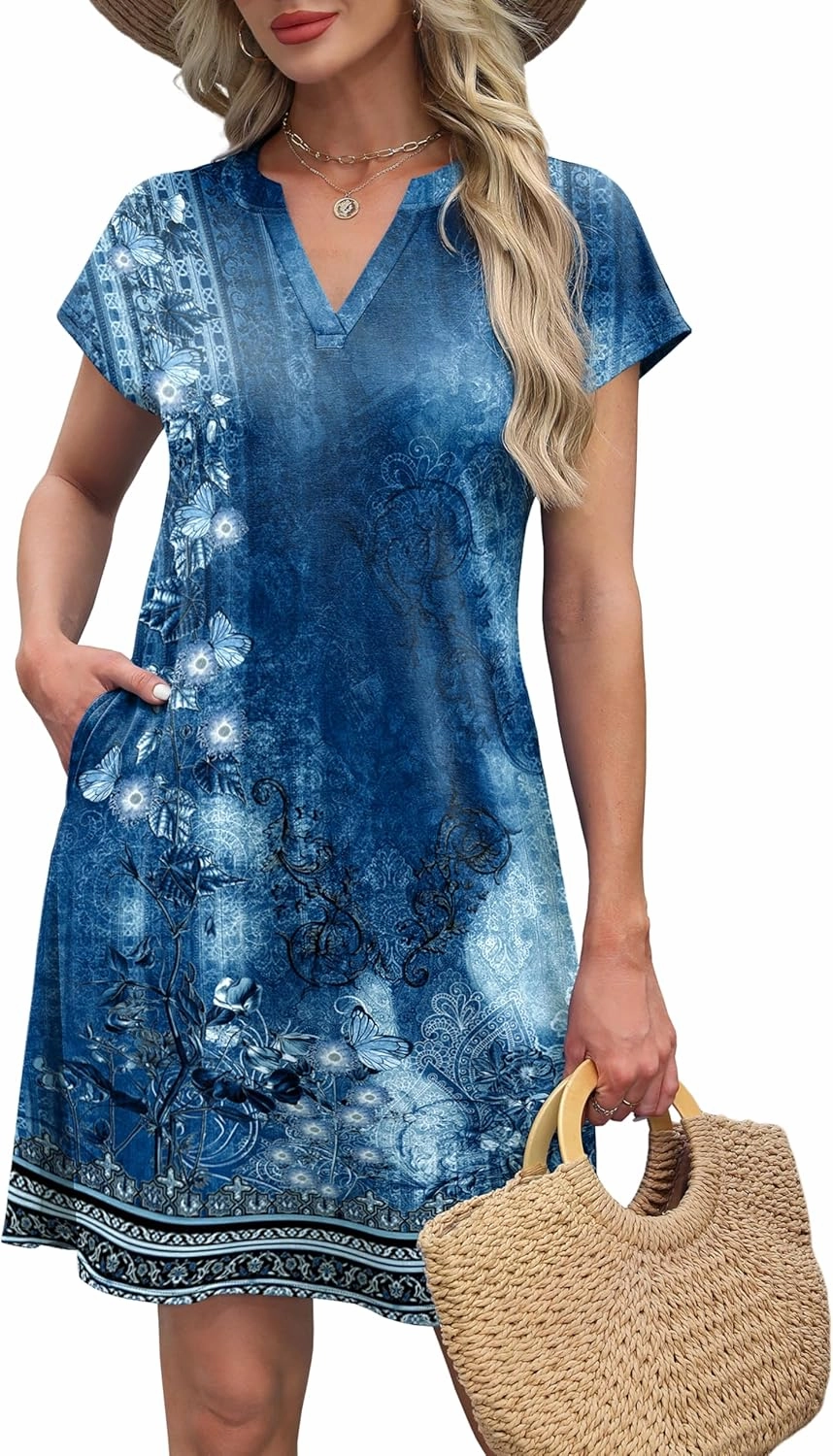 OFEEFAN Summer Dresses for Women Beach Cover Ups for Women with Pockets V Neck Swimsuit Loose Fit