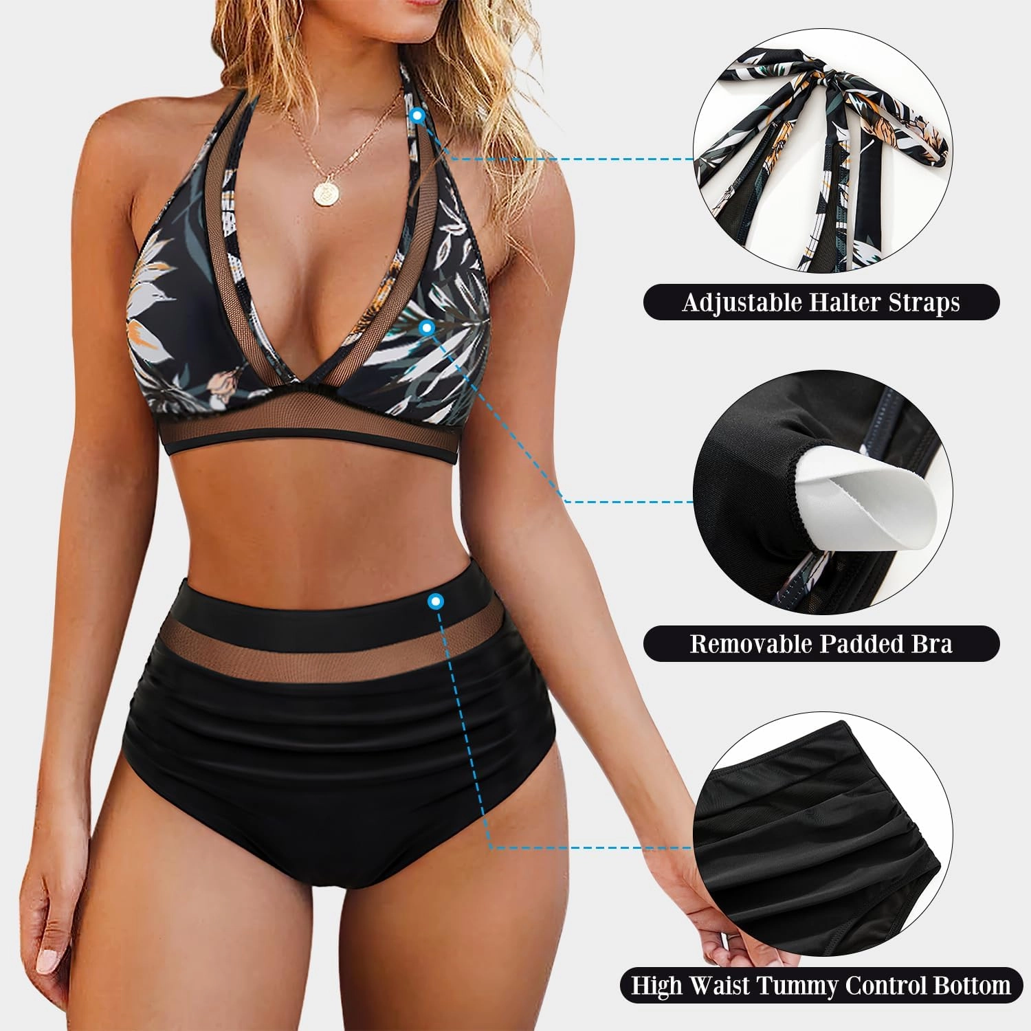 OMKAGI Women Mesh High Waisted Bikini Set Sexy V Neck Tummy Control Swimsuit Bathing Suit