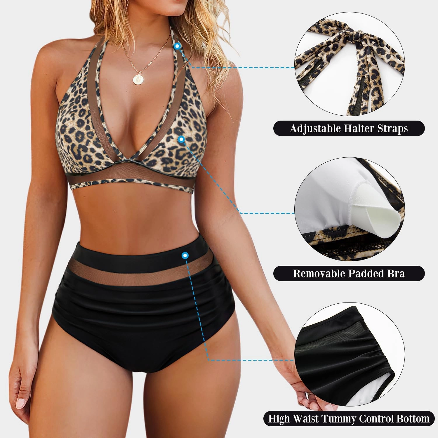 OMKAGI Women Mesh High Waisted Bikini Set Sexy V Neck Tummy Control Swimsuit Bathing Suit