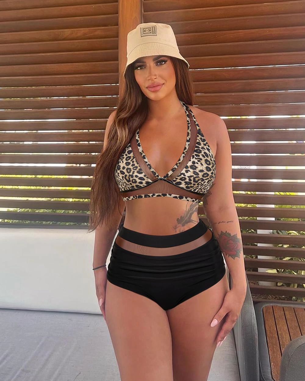 OMKAGI Women Mesh High Waisted Bikini Set Sexy V Neck Tummy Control Swimsuit Bathing Suit