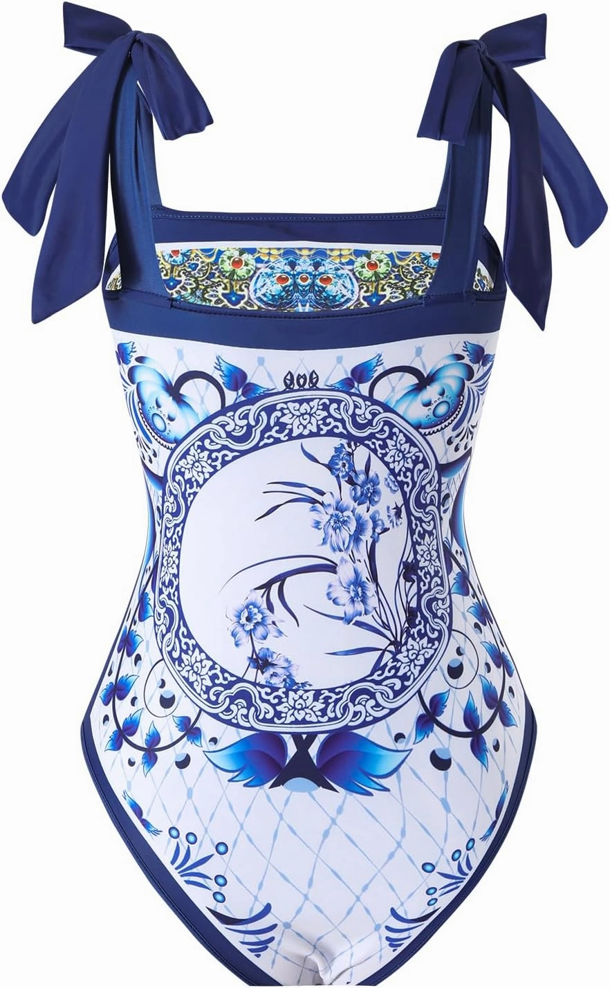 One Piece Bathing Suit for Women with Beach Cover up Wrap Skirt Swimsuit Sarong Retro Floral Print Bikini Set
