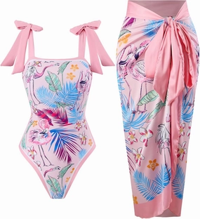 One Piece Bathing Suit for Women with Beach Cover up Wrap Skirt Swimsuit Sarong Retro Floral Print Bikini Set