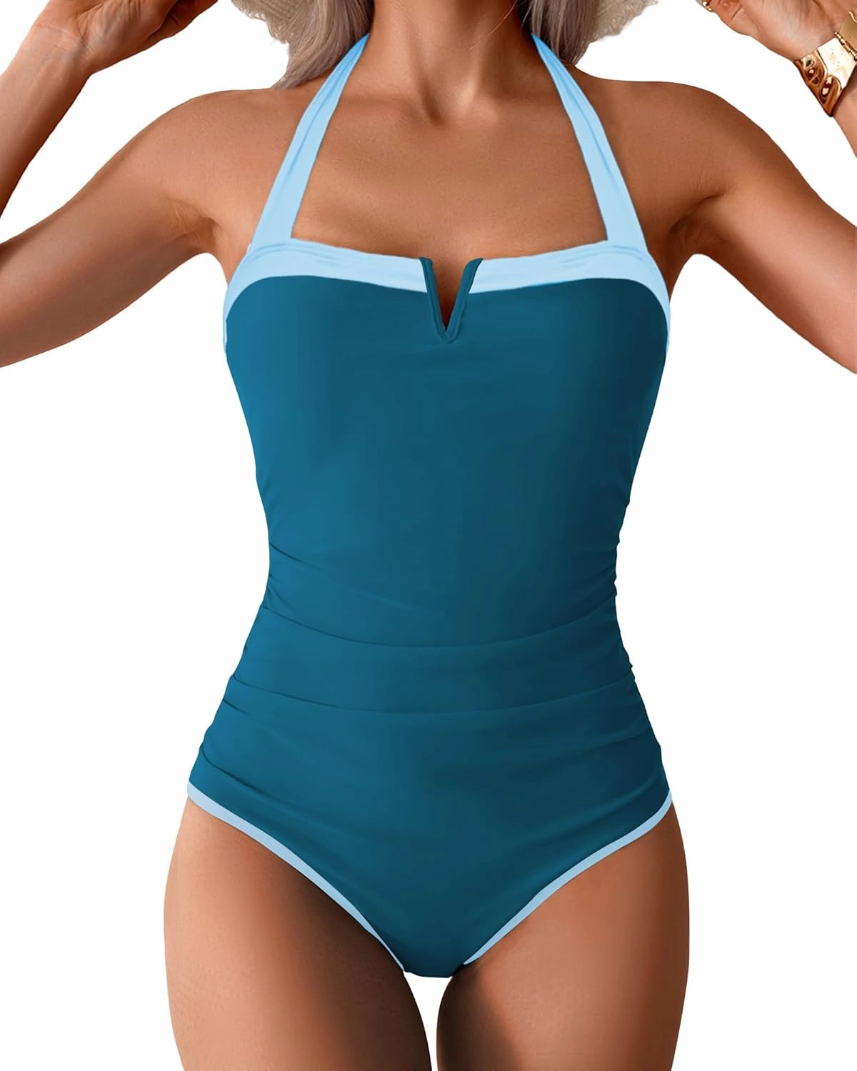 One Piece Swimsuit for Curvy Women - Tummy Control Bathing Suit Backless Color Block Halter Bandeau Modest Swimwear