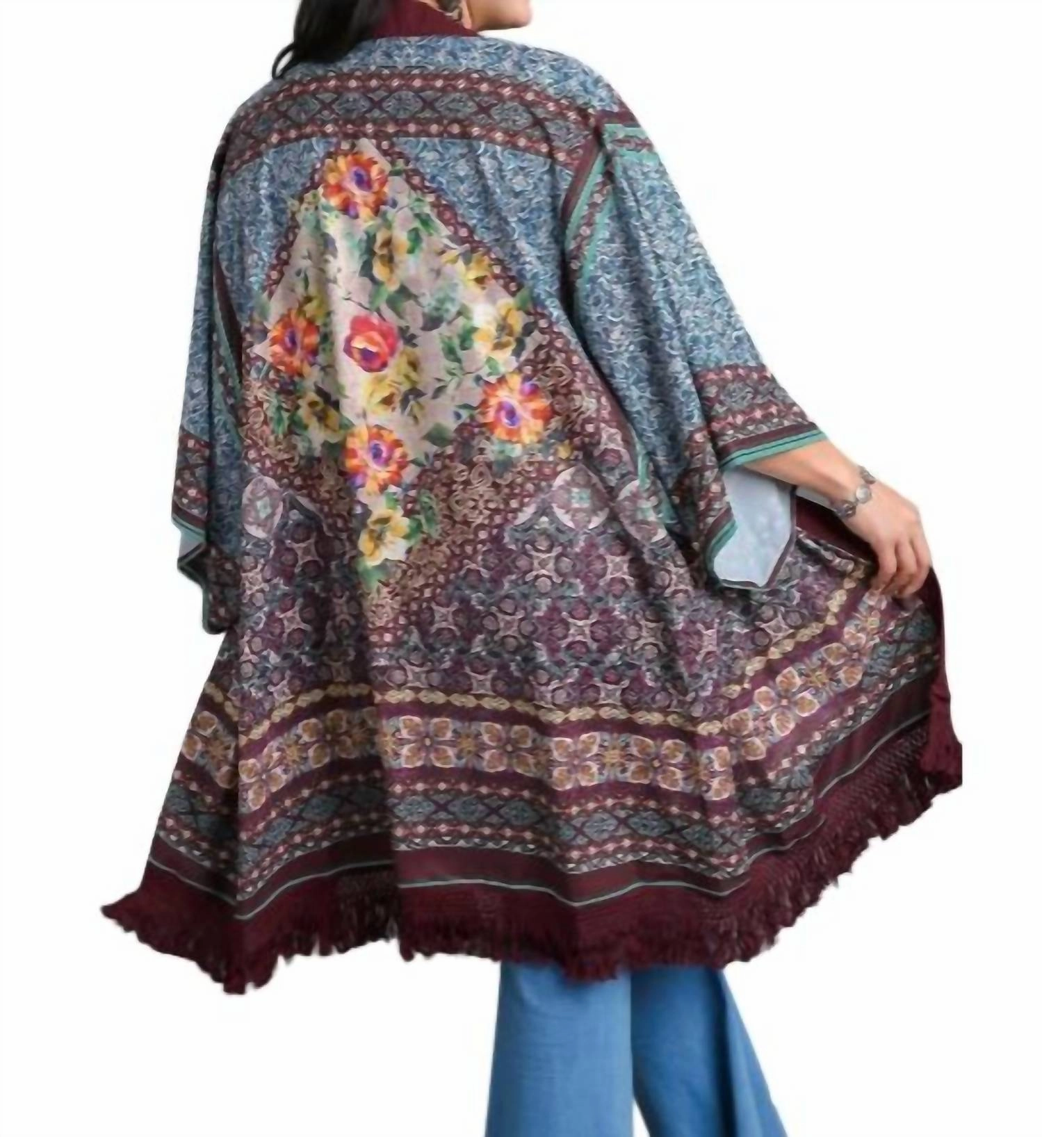 Open Front Print Kimono In Maroon Mix Plus
