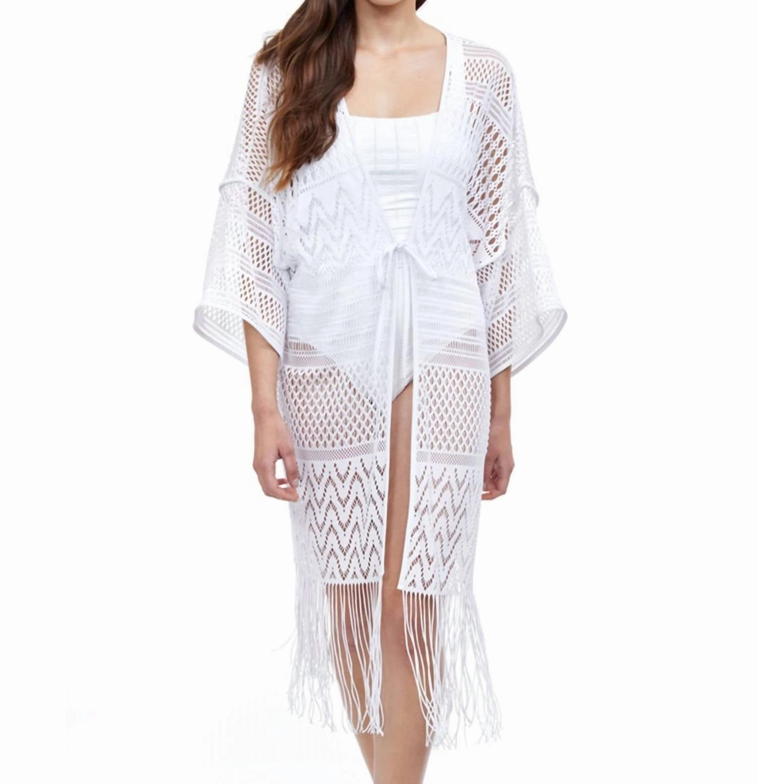 Open Front V-Neck Crochet Dress Cover Up In Tutti Frutti White