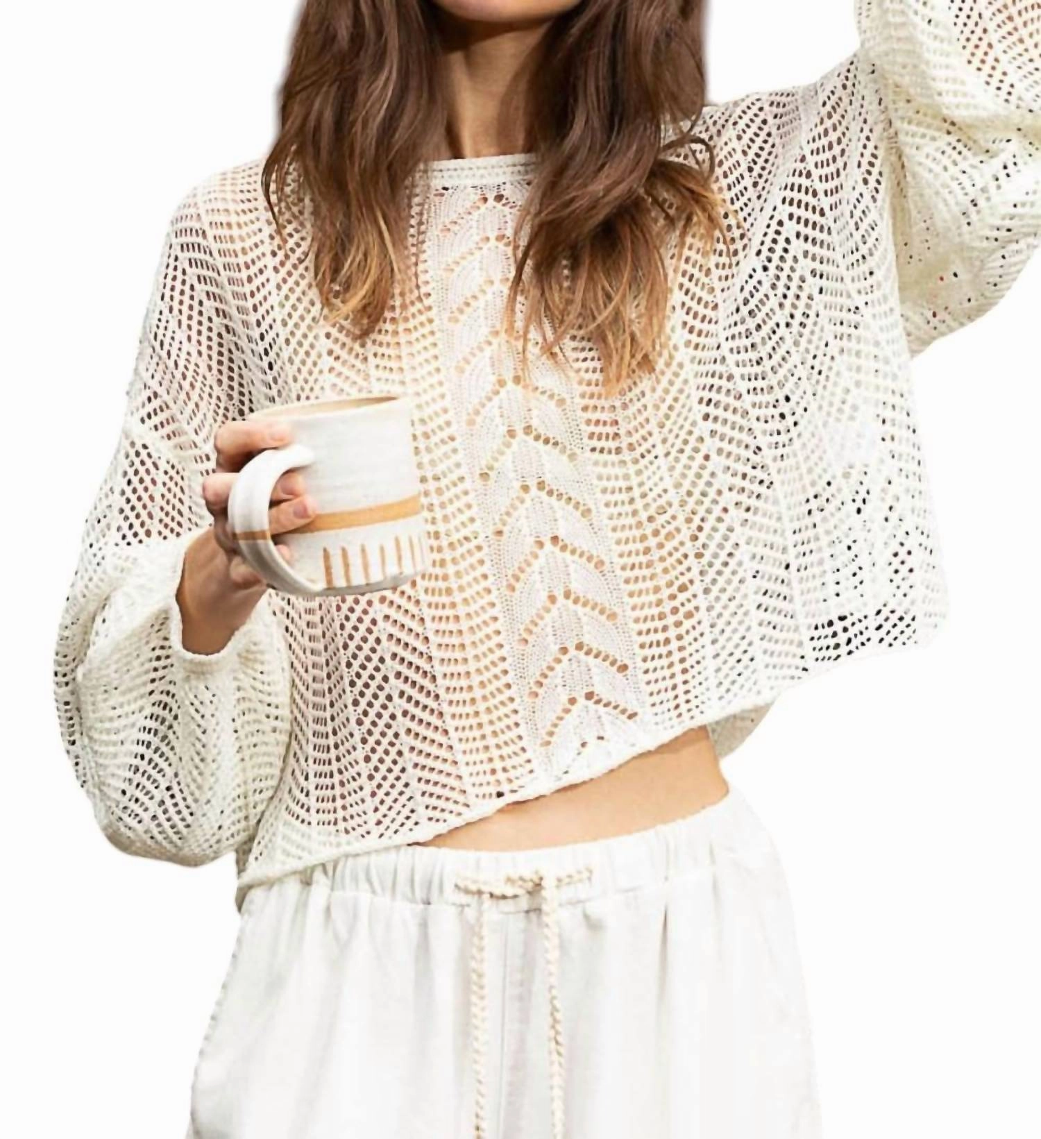 Openwork Balloon Sleeve Knit Cover Up In Ivory