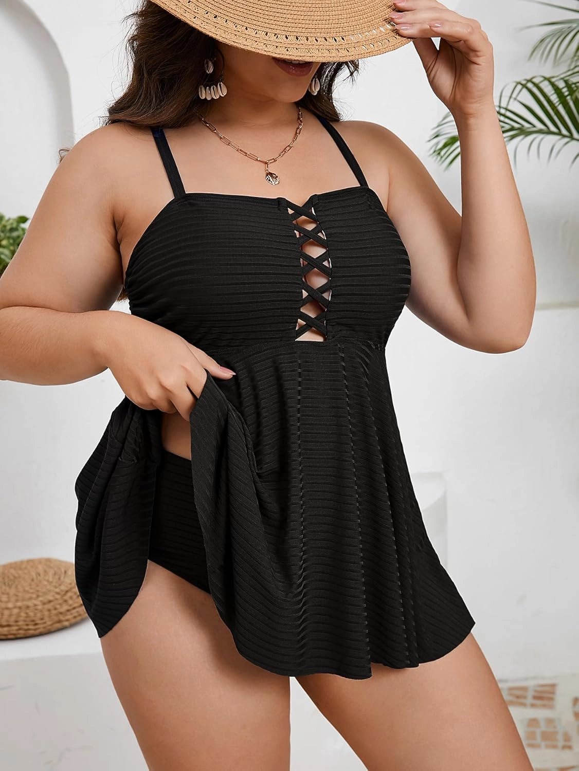 OYOANGLE Women's Plus Size 2 Piece Tankini Swimsuits Flowy Tummy Control Bathing Suits Swim Dress with Bikini Bottoms
