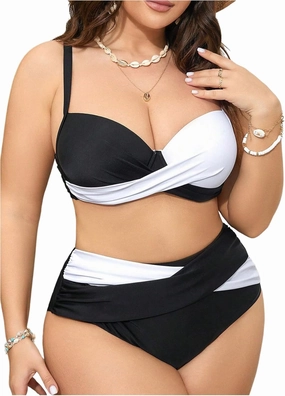 OYOANGLE Women's Plus Size Color Block Bikini Sets High Waisted Swimsuit Two Piece Push Up Bathing Suits