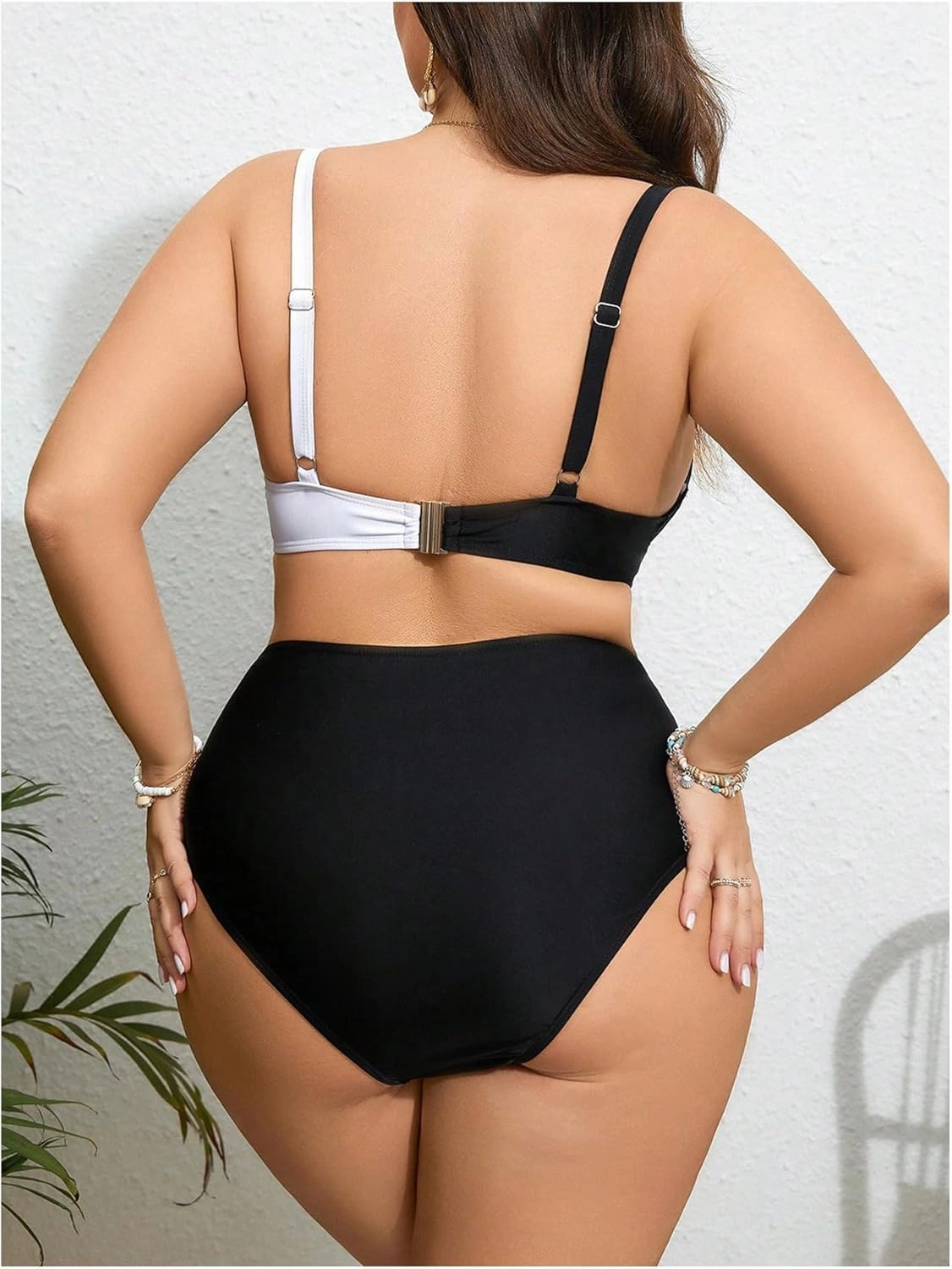 OYOANGLE Women's Plus Size Color Block Bikini Sets High Waisted Swimsuit Two Piece Push Up Bathing Suits