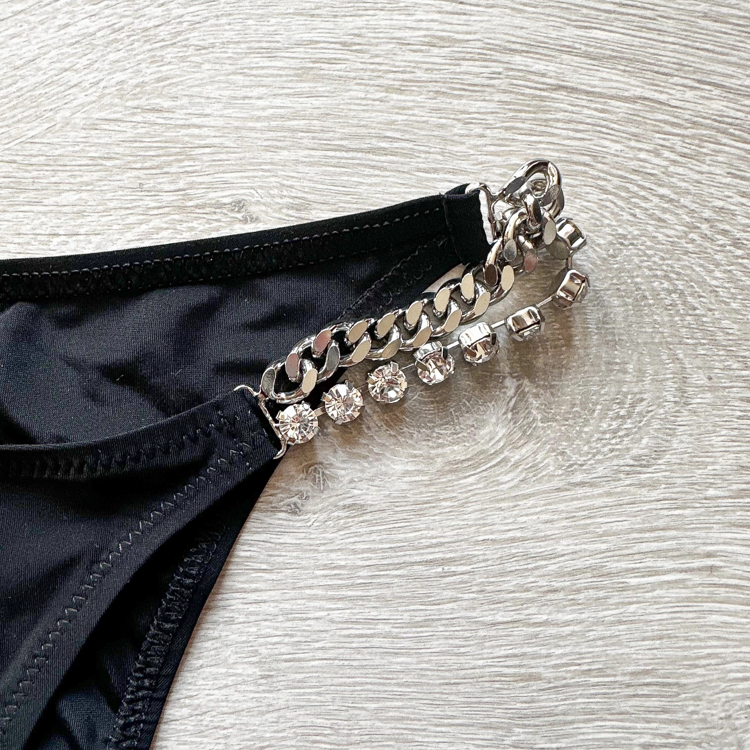Pain De Sucre Black Crystal Jewel Chain Side Seloua Bikini Bottoms