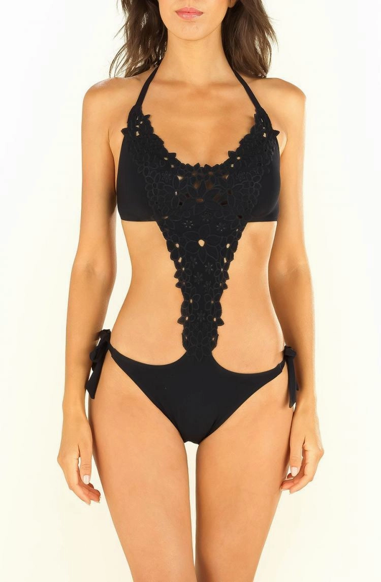 Pain De Sucre Black Trinkini Swimsuit in Tiare Lace Detail