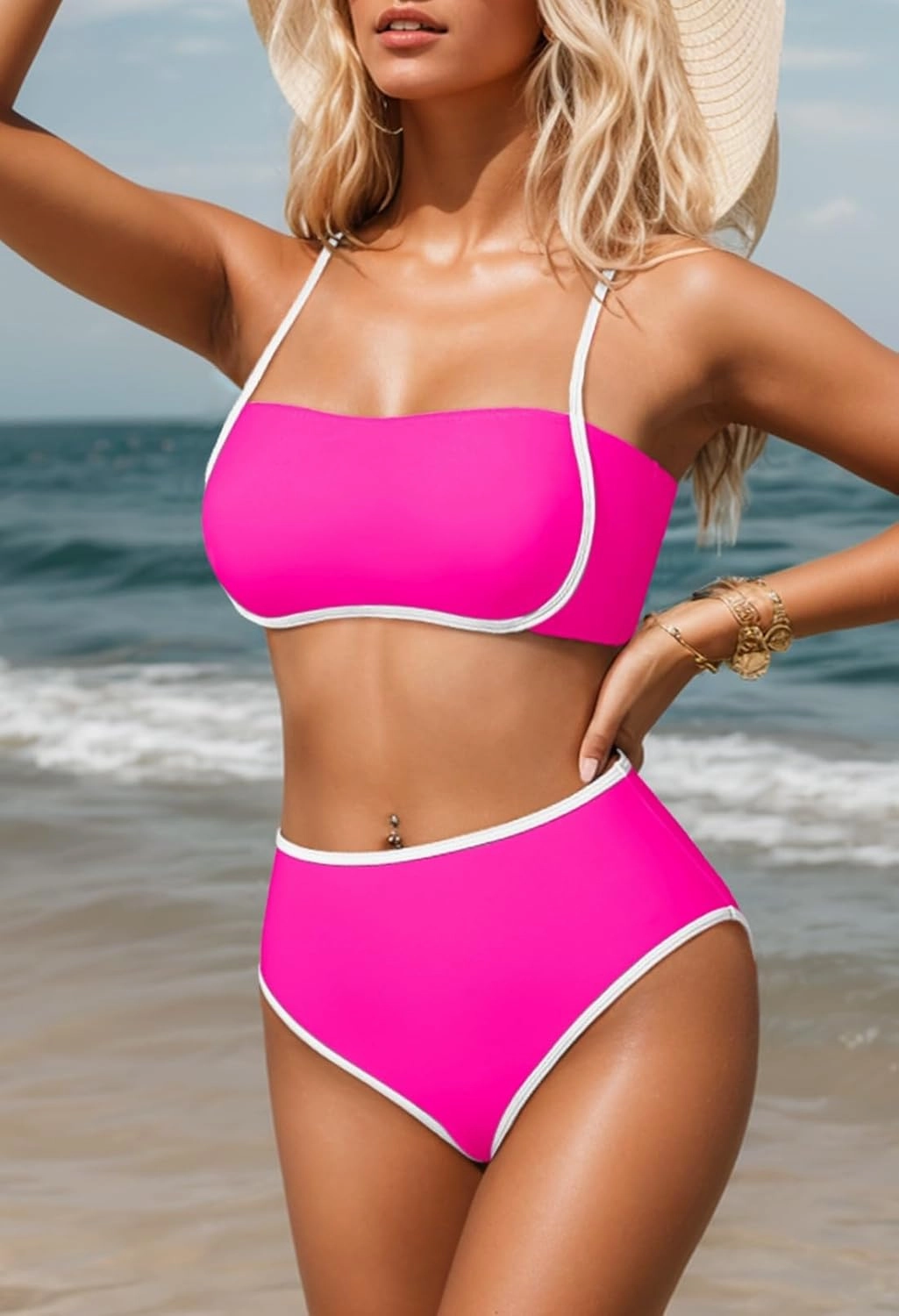 Pink Queen 2025 Women's High Waisted Bikini Sets Two Piece Swimsuit Color Block High Cut Bathing Suits Beach