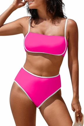 Pink Queen 2025 Women's High Waisted Bikini Sets Two Piece Swimsuit Color Block High Cut Bathing Suits Beach