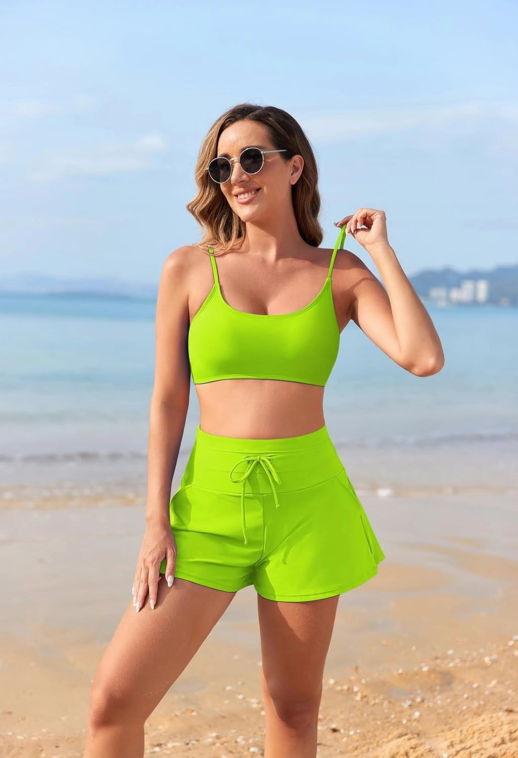 Pink Queen 2 Piece Bathing Suits for Women Adjustable Strap Top Drawstring High Waisted Bikini Shorts Swimsuit with Pockets
