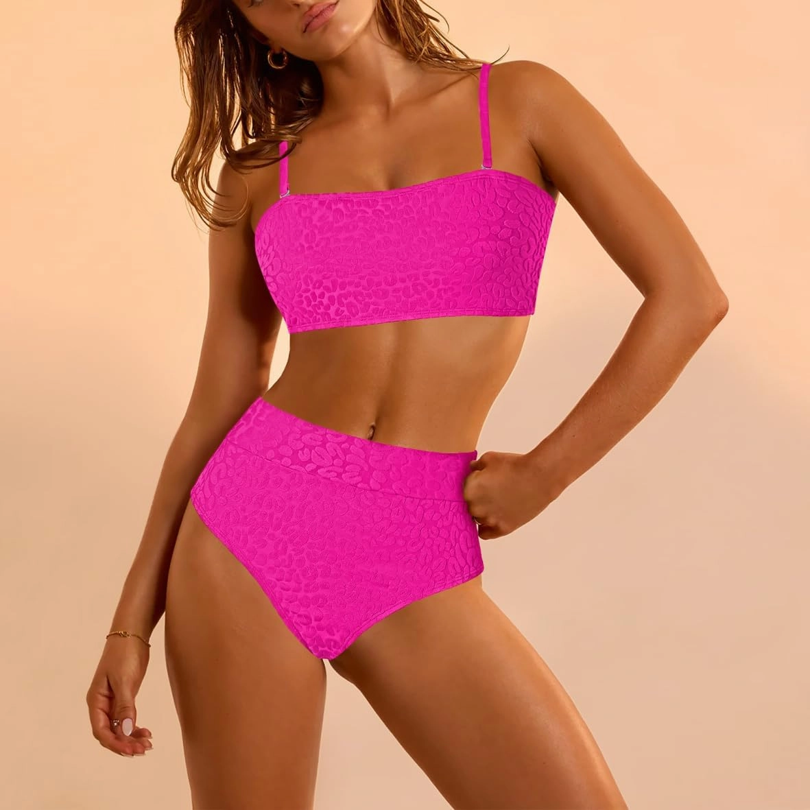 Pink Queen Women 2 Piece Bandeau Swimsuits Strapless Textured Bikini Set High Waisted Bathing Suits