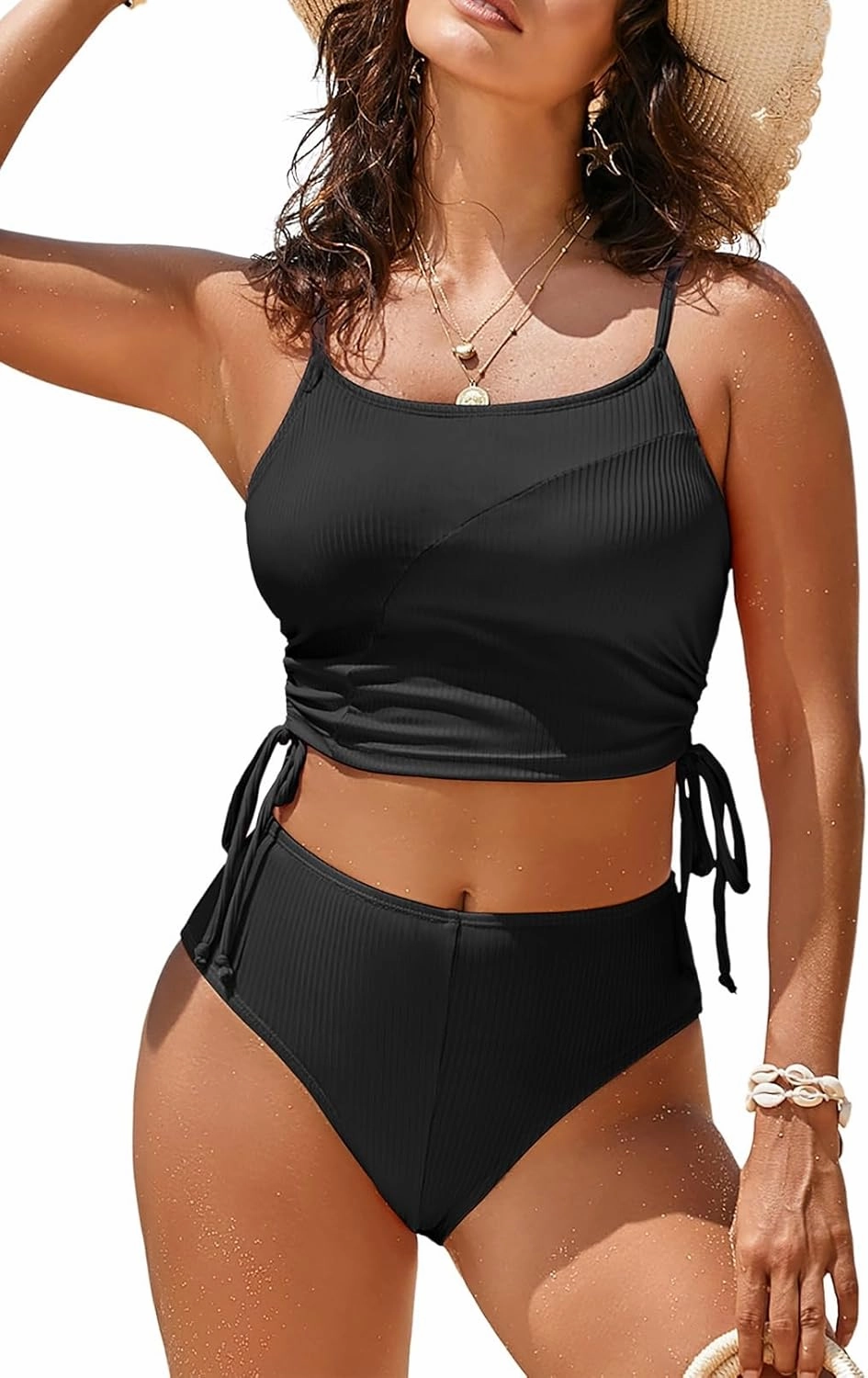 Pink Queen Women's 2 Piece Swimsuit Scoop Neck Ribbed Drawstring Ruched Crop Top High Waisted Bikini Sets Bathing Suit