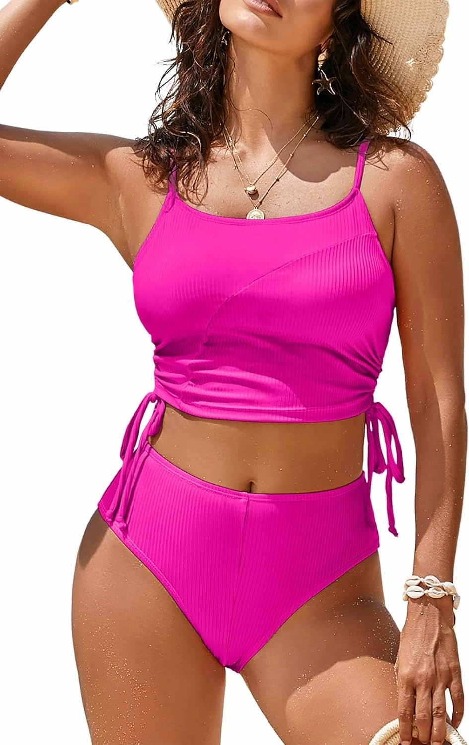 Pink Queen Women's 2 Piece Swimsuit Scoop Neck Ribbed Drawstring Ruched Crop Top High Waisted Bikini Sets Bathing Suit