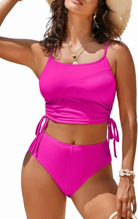 Pink Queen Women's 2 Piece Swimsuit Scoop Neck Ribbed Drawstring Ruched Crop Top High Waisted Bikini Sets Bathing Suit