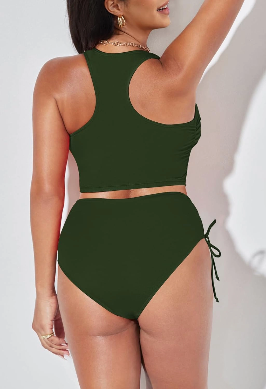 Pink Queen Women's Scoop Neck Racerback Ruched Crop Top High Waisted Bikini Sets 2 Piece Swimsuit Bathing Suit
