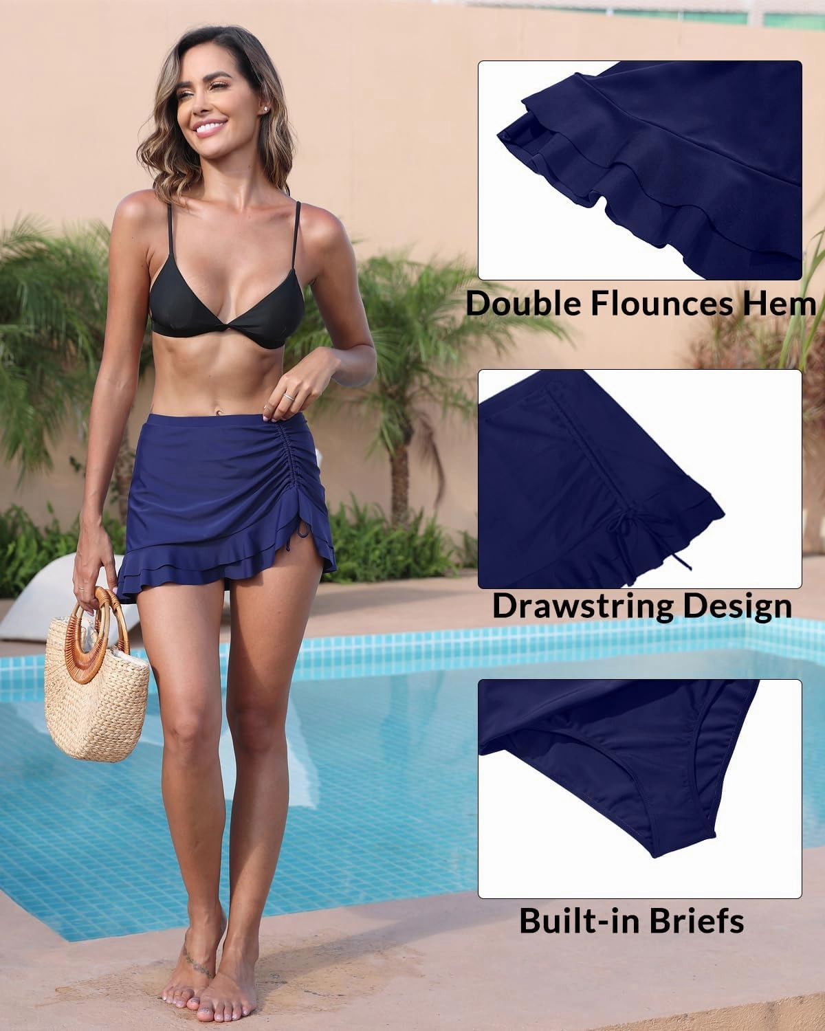 Pinup Fashion High Waisted Swim Skirt - Women Drawstring Ruched Bathing Suit Bottoms with Built-in Brief