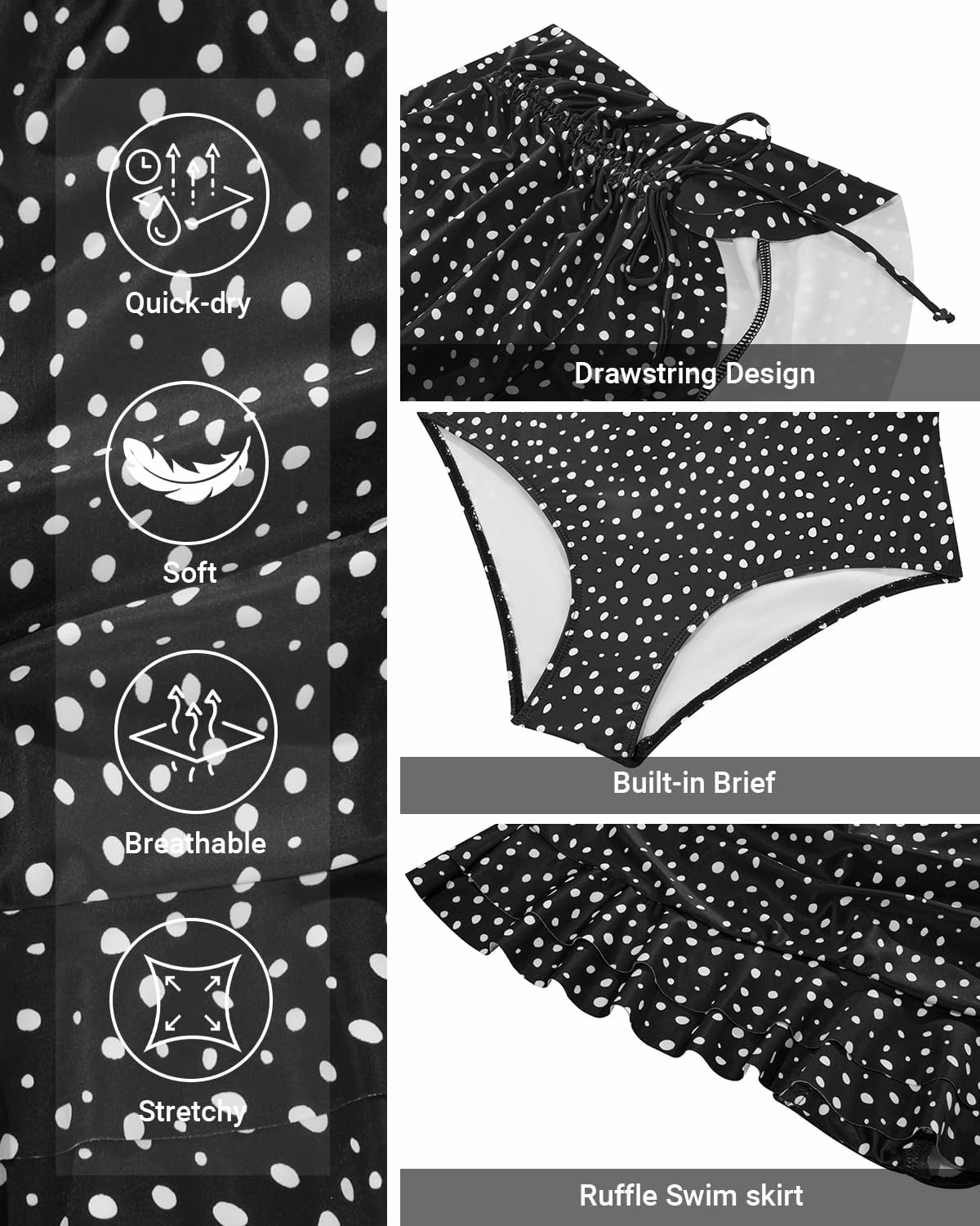 Pinup Fashion High Waisted Swim Skirt - Women Drawstring Ruched Bathing Suit Bottoms with Built-in Brief