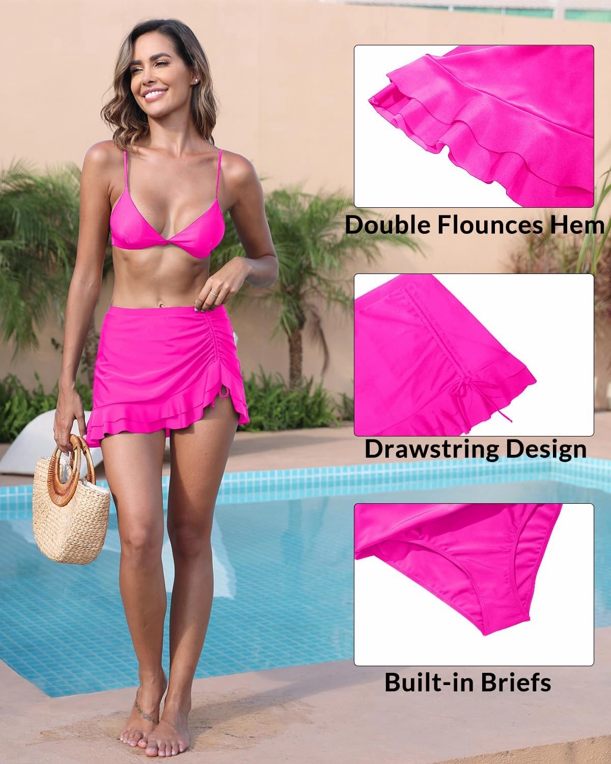 Pinup Fashion High Waisted Swim Skirt - Women Drawstring Ruched Bathing Suit Bottoms with Built-in Brief