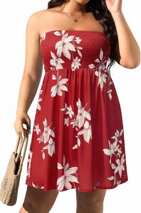 Pinup Fashion Plus Size Swimsuit Cover Up - Women Strapless Swimwear Coverup Tube Top Beach Dress