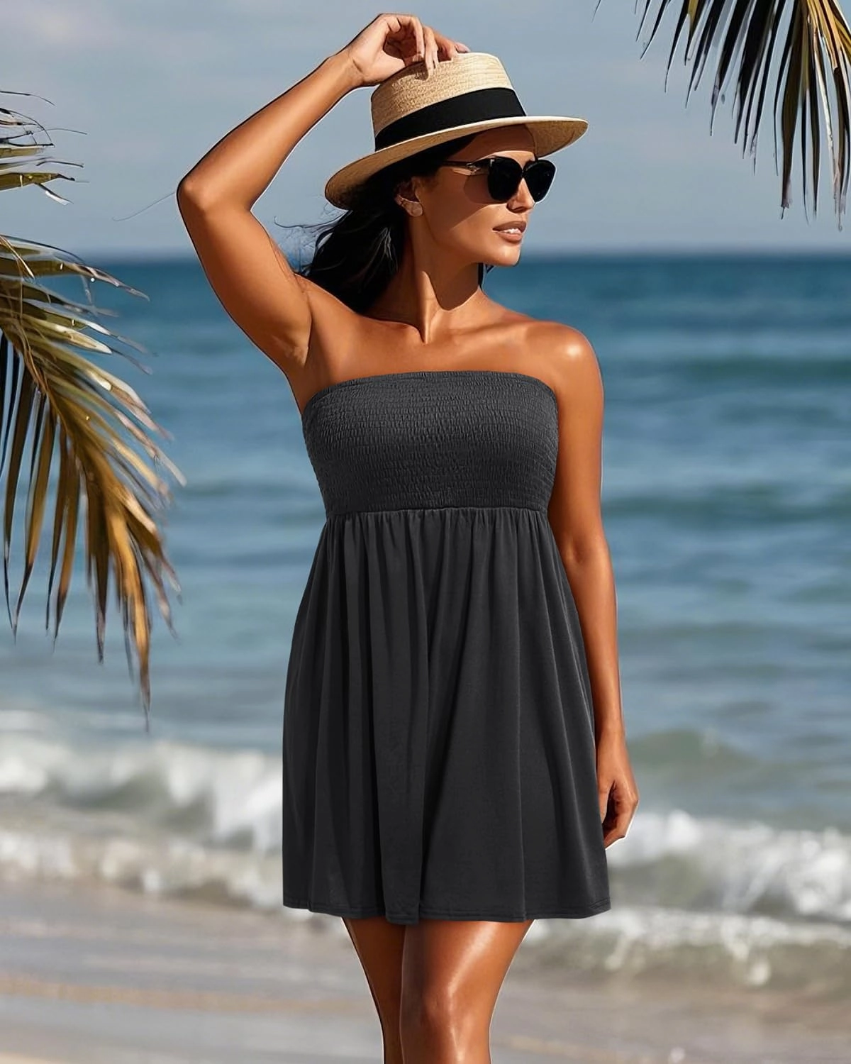 Pinup Fashion Plus Size Swimsuit Cover Up - Women Strapless Swimwear Coverup Tube Top Beach Dress