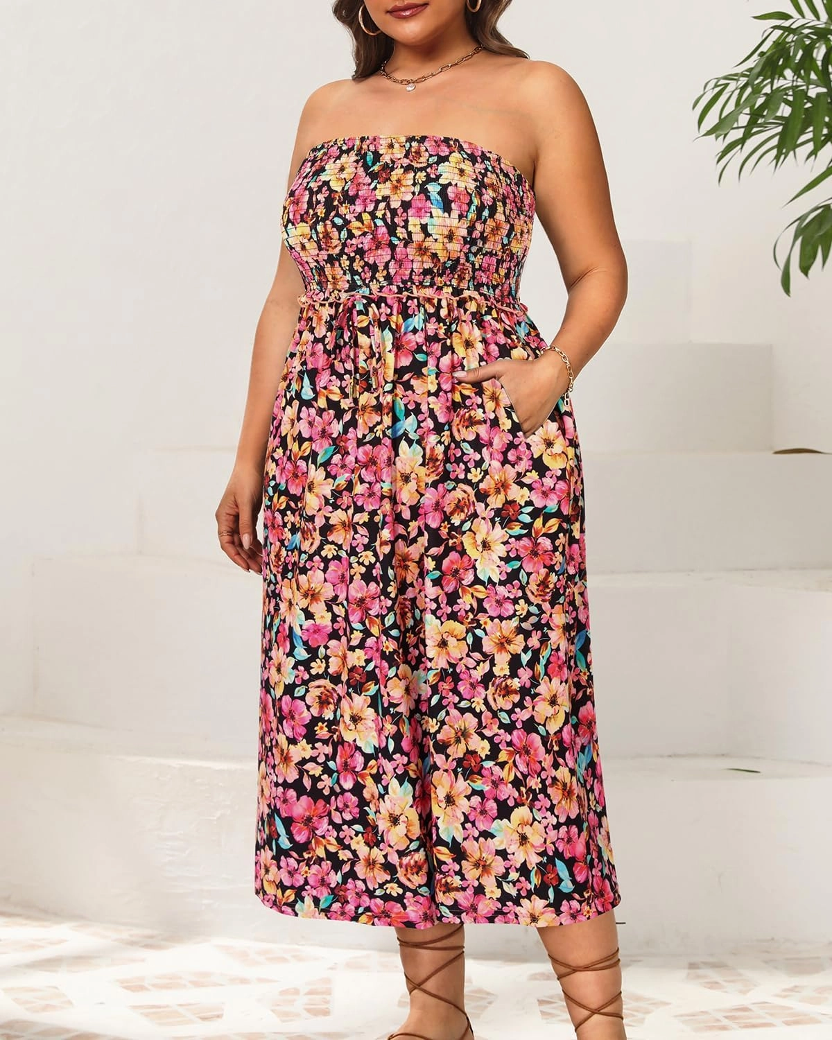 Pinup Fashion Plus Size Swimsuit Cover Ups Women Strapless Midi Sundress with Pockets