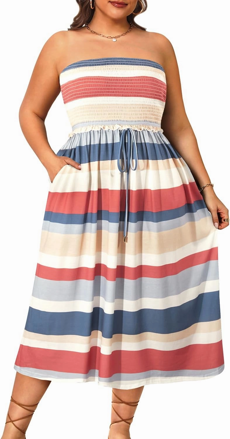 Pinup Fashion Plus Size Swimsuit Cover Ups Women Strapless Midi Sundress with Pockets