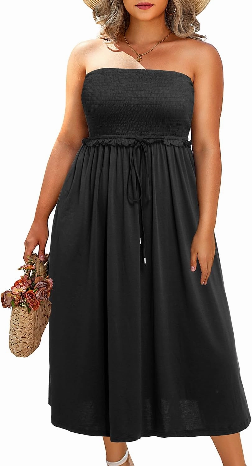 Pinup Fashion Plus Size Swimsuit Cover Ups Women Strapless Midi Sundress with Pockets