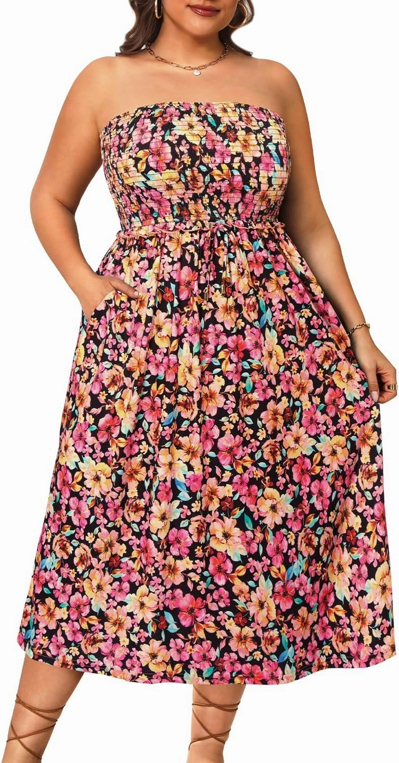 Pinup Fashion Plus Size Swimsuit Cover Ups Women Strapless Midi Sundress with Pockets