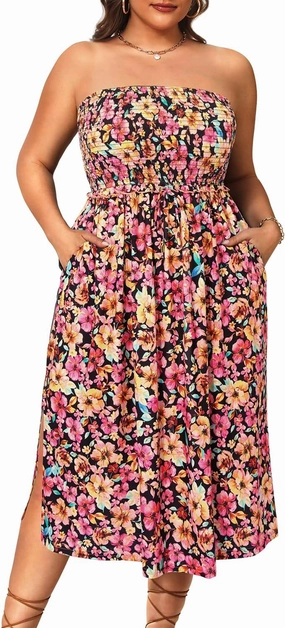 Pinup Fashion Plus Size Swimsuit Cover Ups Women Strapless Midi Sundress with Pockets