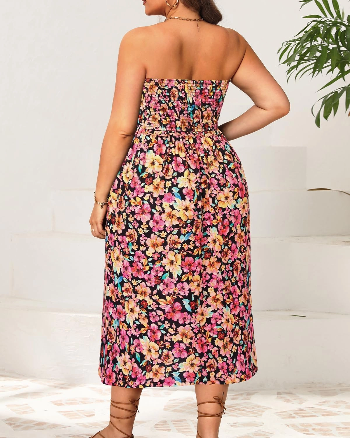Pinup Fashion Plus Size Swimsuit Cover Ups Women Strapless Midi Sundress with Pockets
