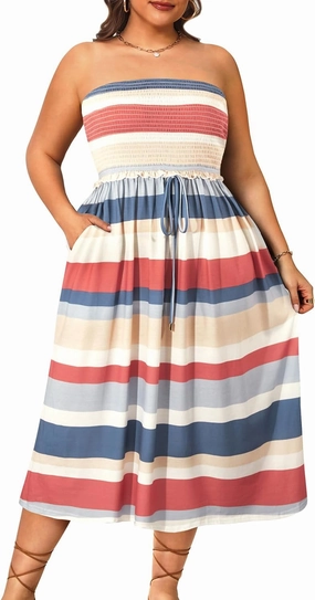 Pinup Fashion Plus Size Swimsuit Cover Ups Women Strapless Midi Sundress with Pockets