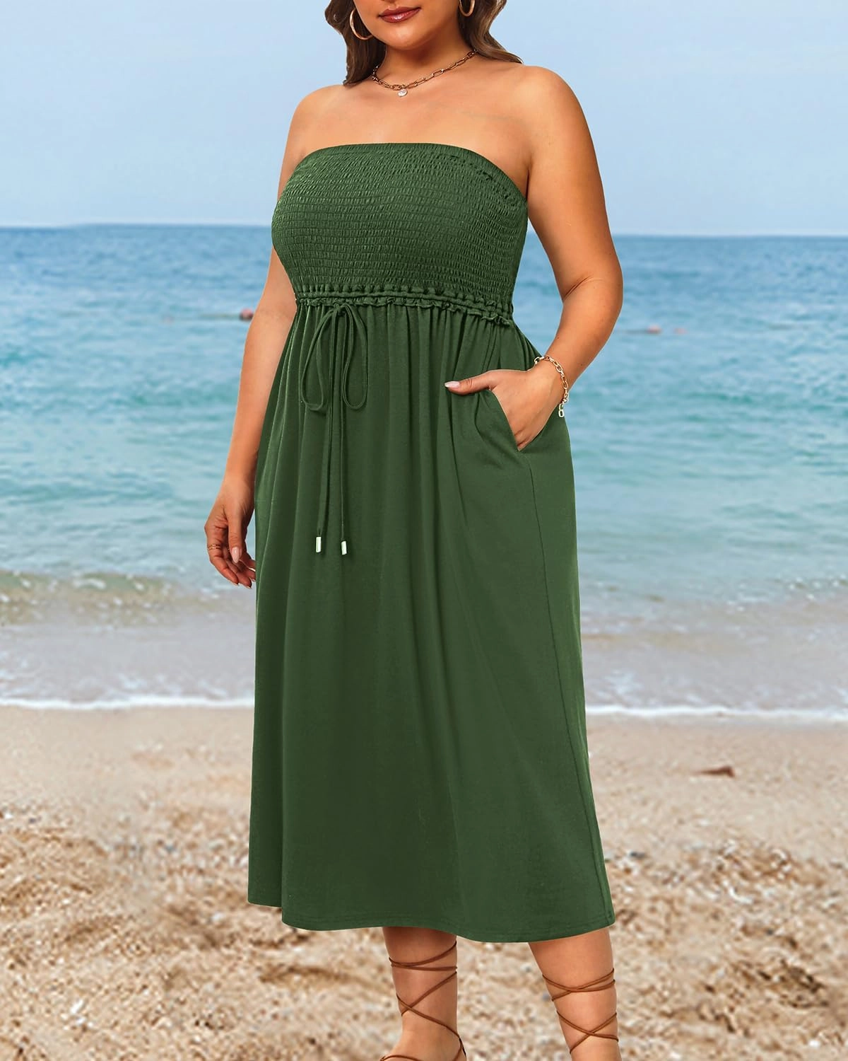 Pinup Fashion Plus Size Swimsuit Cover Ups Women Strapless Midi Sundress with Pockets
