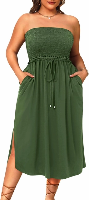 Pinup Fashion Plus Size Swimsuit Cover Ups Women Strapless Midi Sundress with Pockets