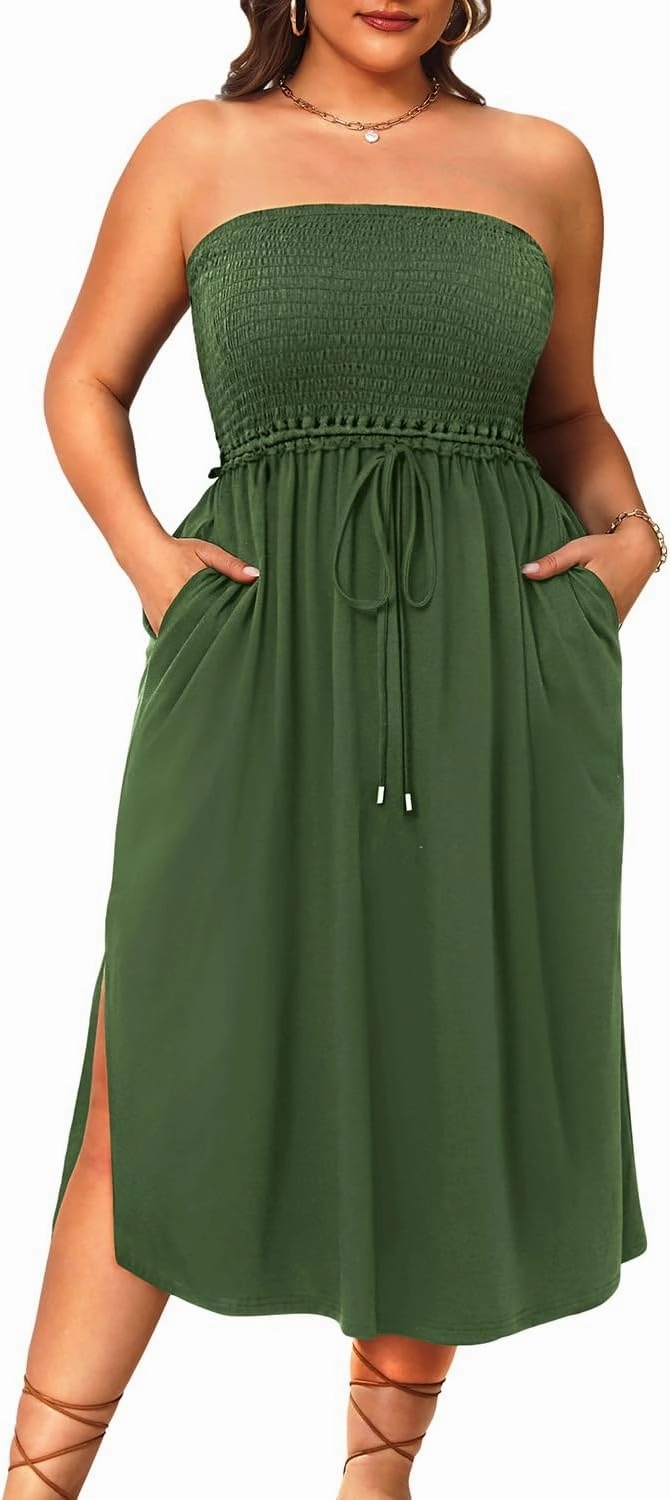 Pinup Fashion Plus Size Swimsuit Cover Ups Women Strapless Midi Sundress with Pockets