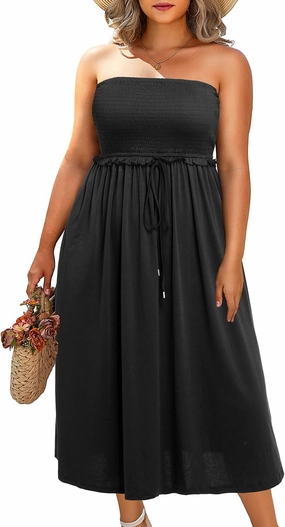 Pinup Fashion Plus Size Swimsuit Cover Ups Women Strapless Midi Sundress with Pockets