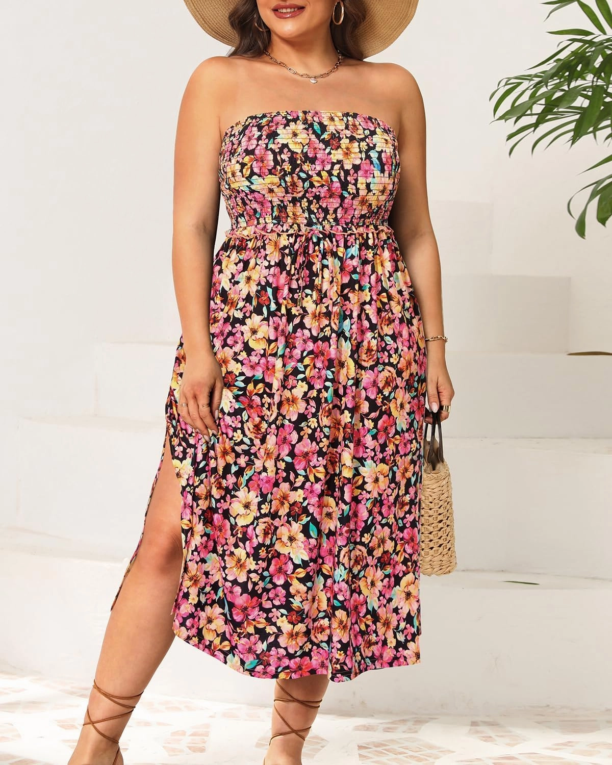 Pinup Fashion Plus Size Swimsuit Cover Ups Women Strapless Midi Sundress with Pockets