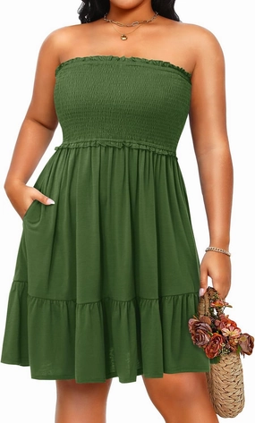Pinup Fashion Plus Size Swimsuit Cover Ups Women Strapless Ruffle Beach Dress with Pockets