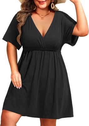 Pinup Fashion Women's Plus Size Swimsuit Cover Up Dress Short Sleeve Wrap V-Neck Beachwear Coverups
