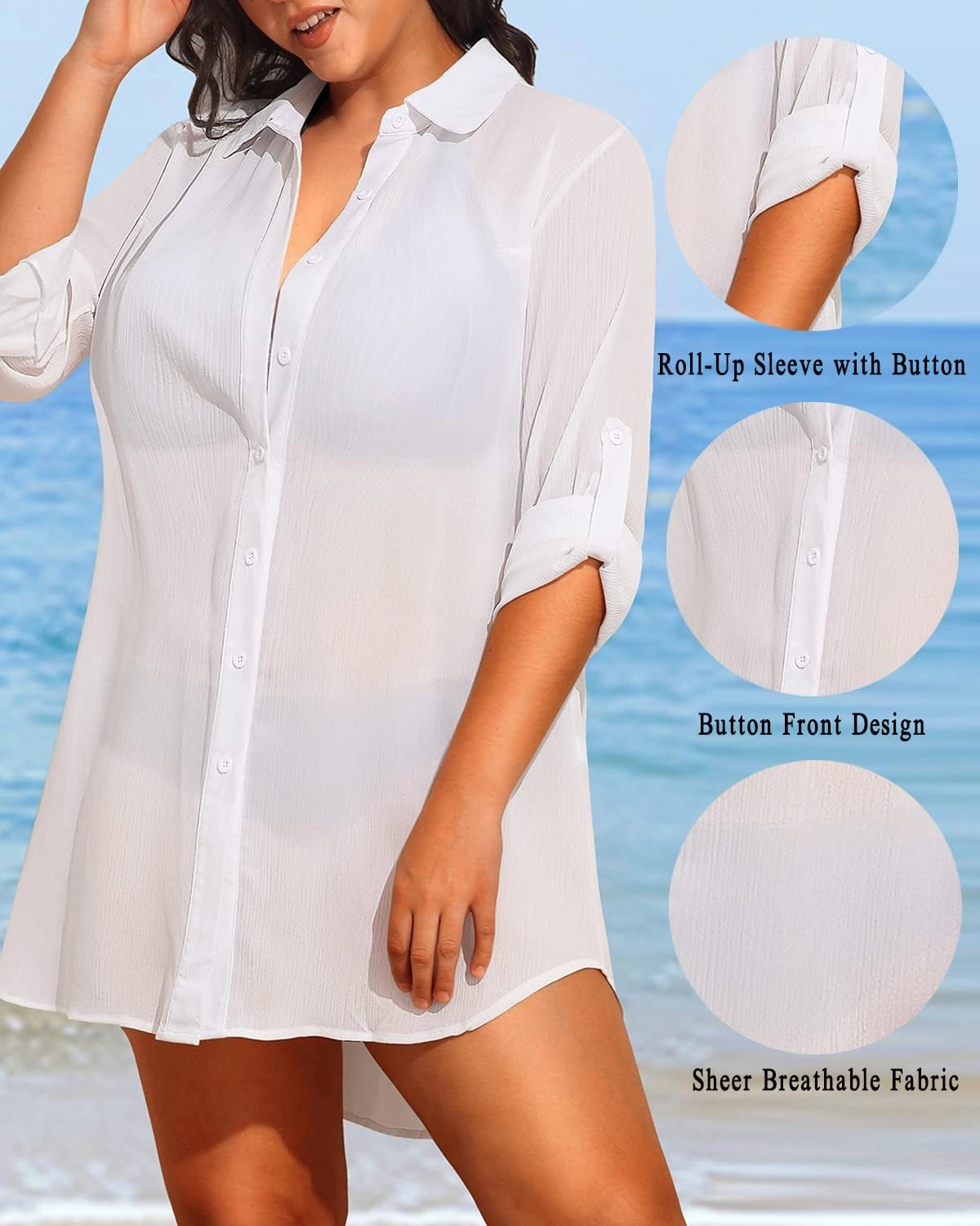 Pinup Fashion Womens Plus Size Swimwear Cover Ups Button Down Beach Long Sleeve Bathing Bikini Shirt Coverup
