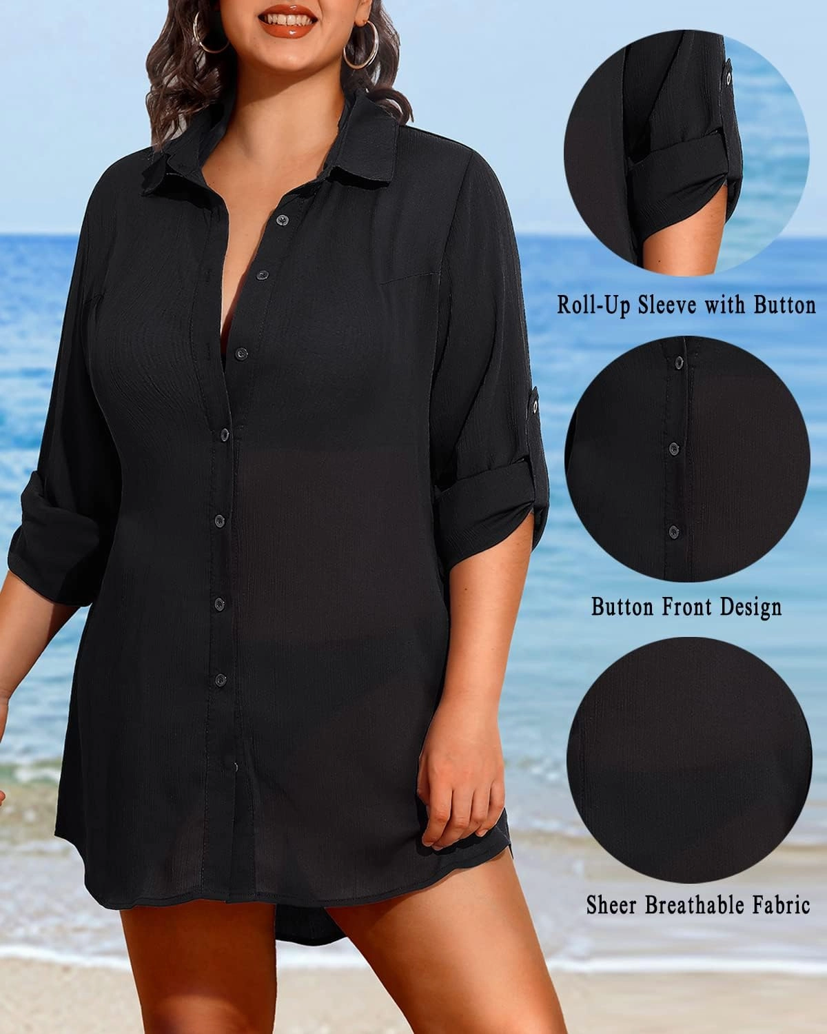 Pinup Fashion Womens Plus Size Swimwear Cover Ups Button Down Beach Long Sleeve Bathing Bikini Shirt Coverup