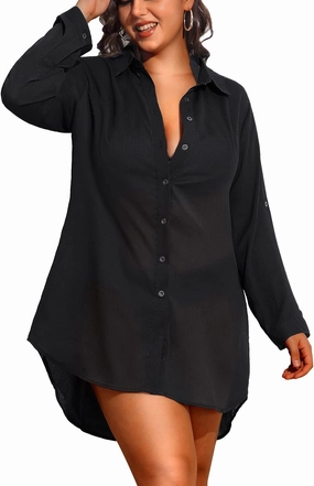 Pinup Fashion Womens Plus Size Swimwear Cover Ups Button Down Beach Long Sleeve Bathing Bikini Shirt Coverup