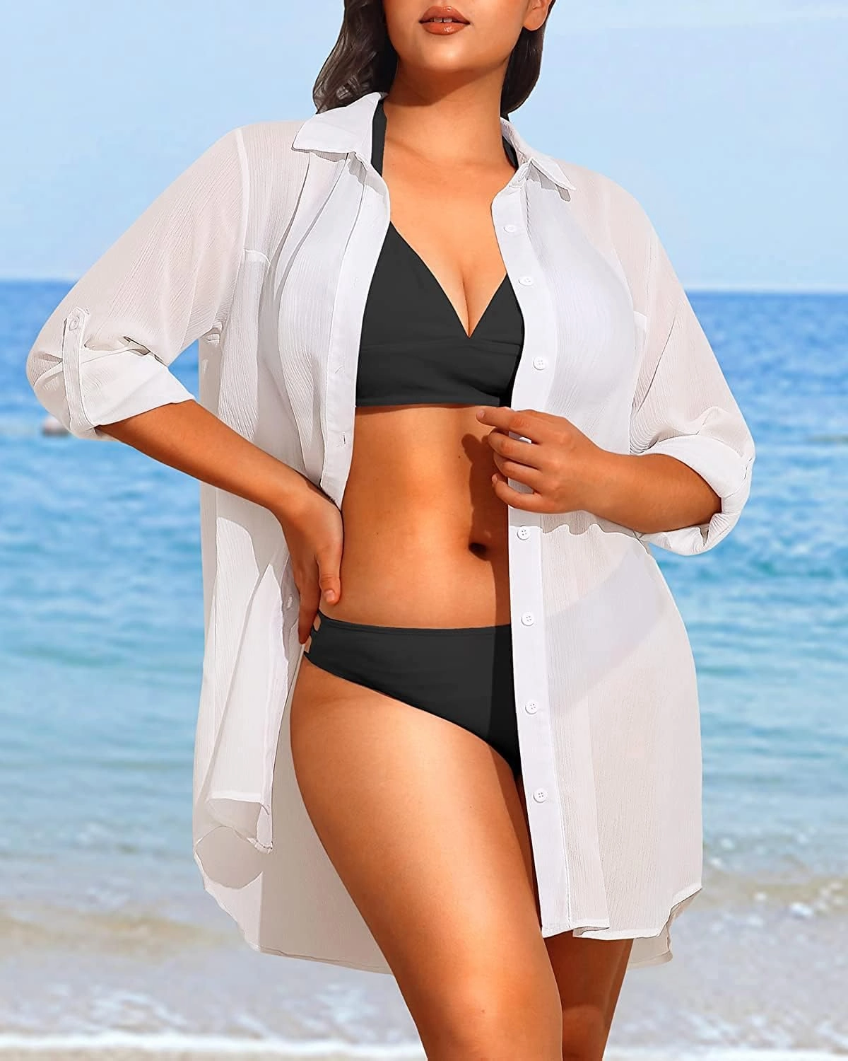 Pinup Fashion Womens Plus Size Swimwear Cover Ups Button Down Beach Long Sleeve Bathing Bikini Shirt Coverup