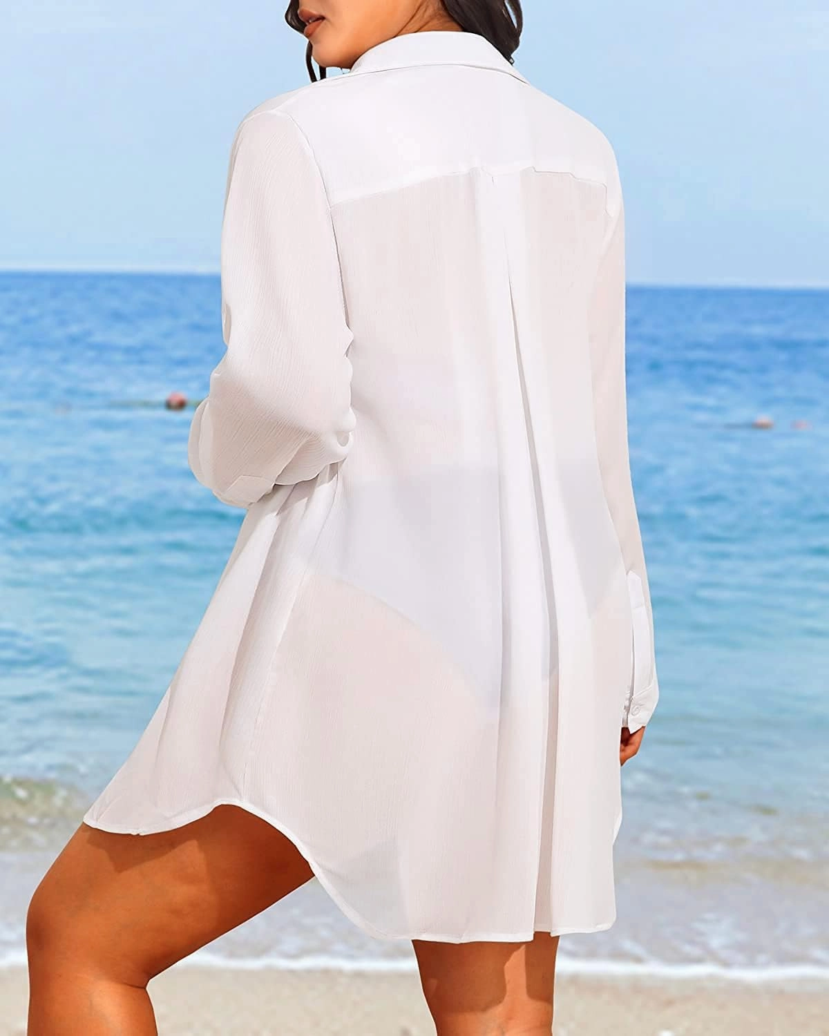 Pinup Fashion Womens Plus Size Swimwear Cover Ups Button Down Beach Long Sleeve Bathing Bikini Shirt Coverup
